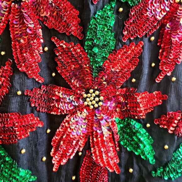 Vtg SCALA Silk Sequin Beaded Christmas Poinsettia Short Sleeve Top EXCELLENT - Picture 8 of 16